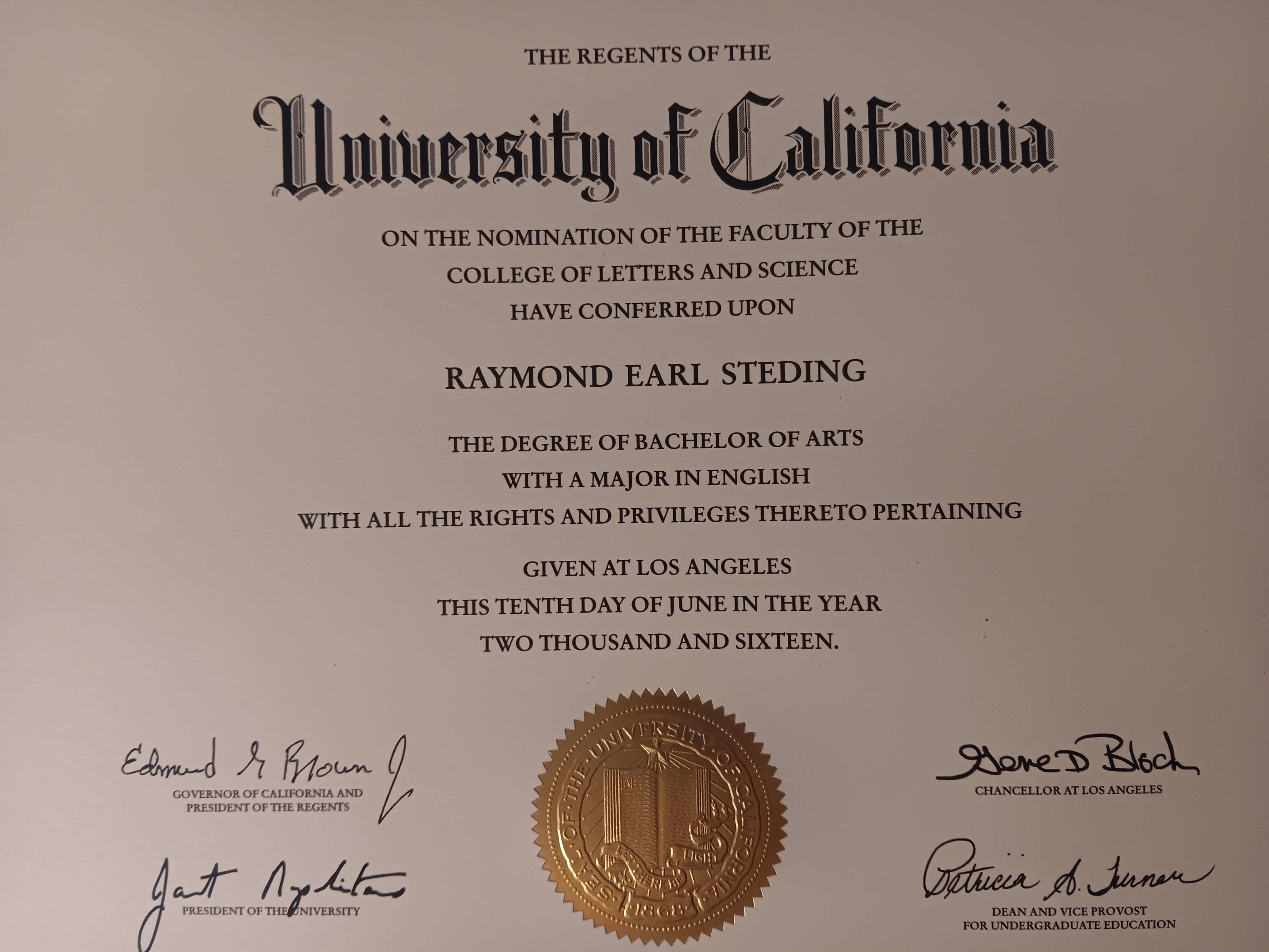 UCLA Bachelor of Arts in English, June 2016